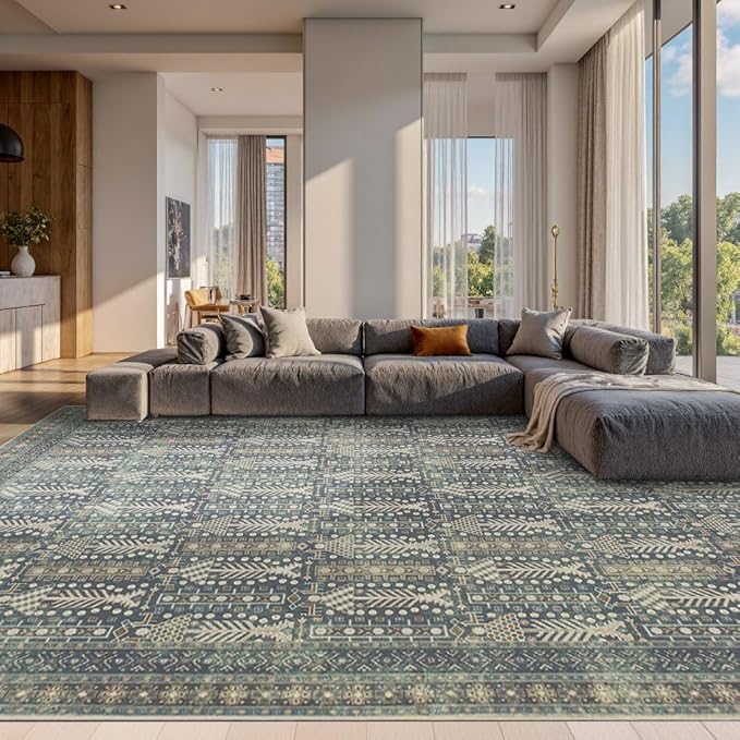 Rugxara 10x14 Washable Area Rugs for Living Room - Large Rugs,Floral Boho Vintage Rug,Soft & Non-Slip,Low Pile Wool Carpet for Indoor Dining Room,Bedroom,Girls Room(Ivory Blue)