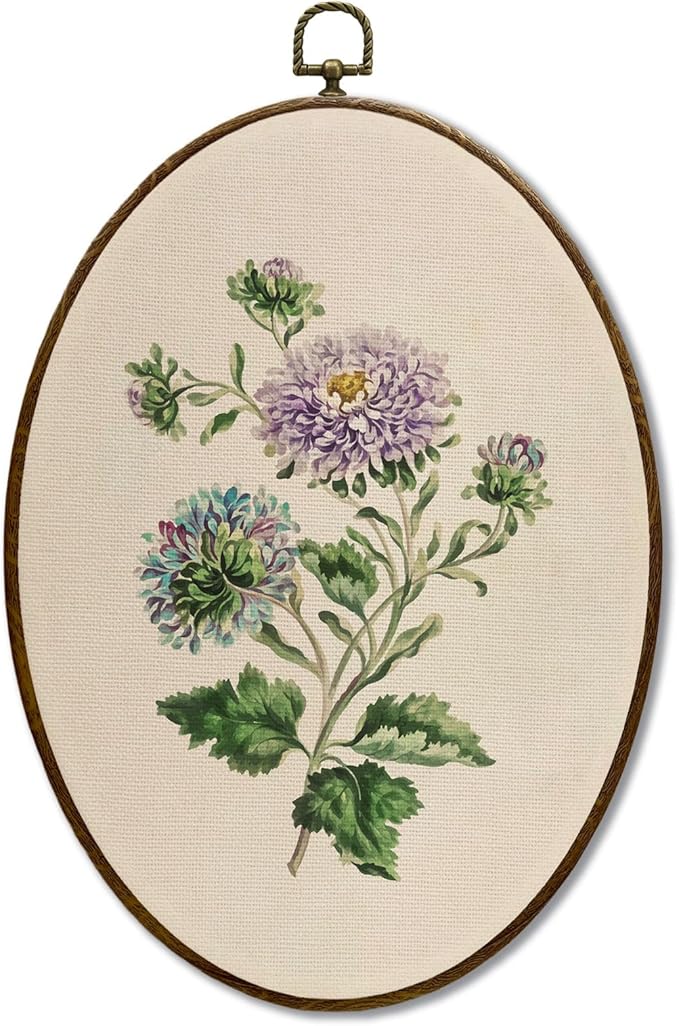 JQF Vintage Purple Aster Floral Oval Wall Decor, Cottagecore Floral Oval Canvas Wall Art, Neutral Antique Botanical Flower Framed Prints Hanging Decor for Home Bedroom Living Room, 8.5x11.5 Inch