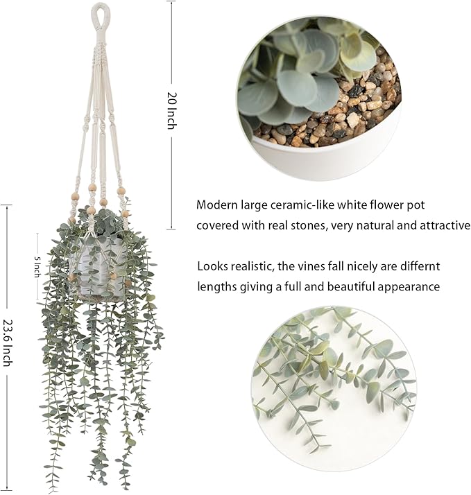 Decorative Hanging Plants for Shelf, Faux Ivy Eucalyptus Vine, Fake Greenery in White Pot (Extra Large)
