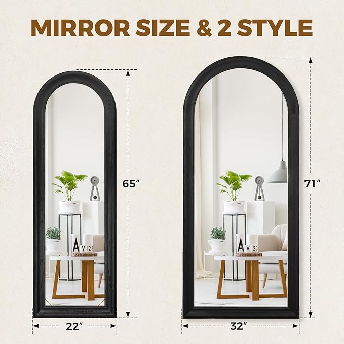 Solid Wood Full Length Mirror - 65"x22" Arched Floor Mirror, Free Standing & Wall Mounted - Elegant Design for Bedroom, Dressing Room, Hallway, Black