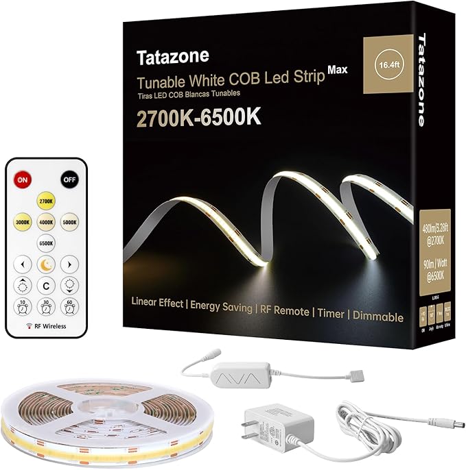 Tatazone 16.4ft Tunable White COB Led Strip Light with RF Remote, CRI93+ Dimmable CCT 2700K-6500K Led Tape Lights, Adhesive High Density Dual Color Led COB Light Strip for Bedroom, Kitchen, Cabinet