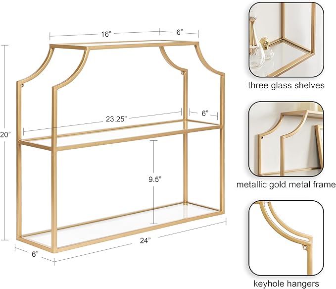 Kate and Laurel Ciel Modern Glam Wide Two-Tier Wall Shelf, 24 x 20, Gold, Tiered Bathroom Shelves for Over the Toilet Storage or Bedroom Makeup Organizer