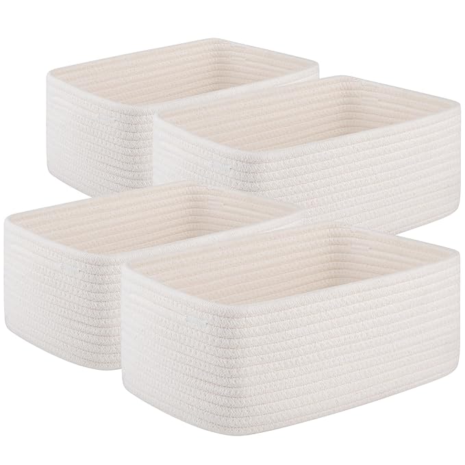 OIASKET 4 Pack Small Storage Shelf Baskets for Organizing, Mini Woven Rope Storage Bins for Towels, Cute Decorative Closet Organizer，Baby Nursery, Gift Empty Baskets -13''Lx8.66''Wx5.11''H-White