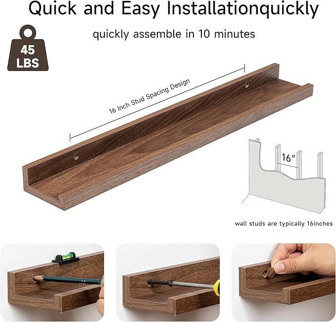 Fun Memories Picture Ledge Shelf for Wall, Floating Shelves Set of 4, 24 Inch Long Nursery Book Shelves for Toys Storage, Kids Bookshelf Wall Mounted for Books Photo Frames, Walnut