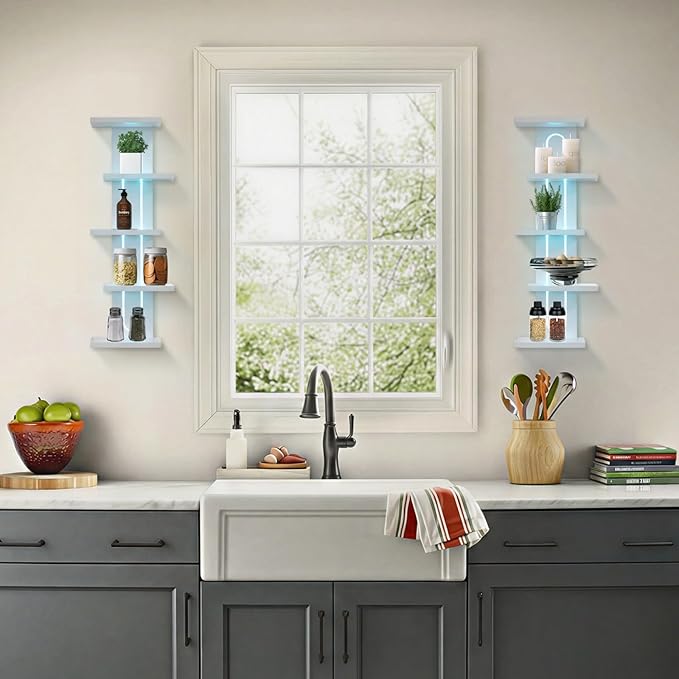Homaterial 5-Tier Floating Shelves with RGB Remote Control Light, Tall Wall Mounted Bathroom Shelf & Modern Lack Shelf for Home Decor, Space Saving Corner Organizer for Perfume, Plants, Books, White