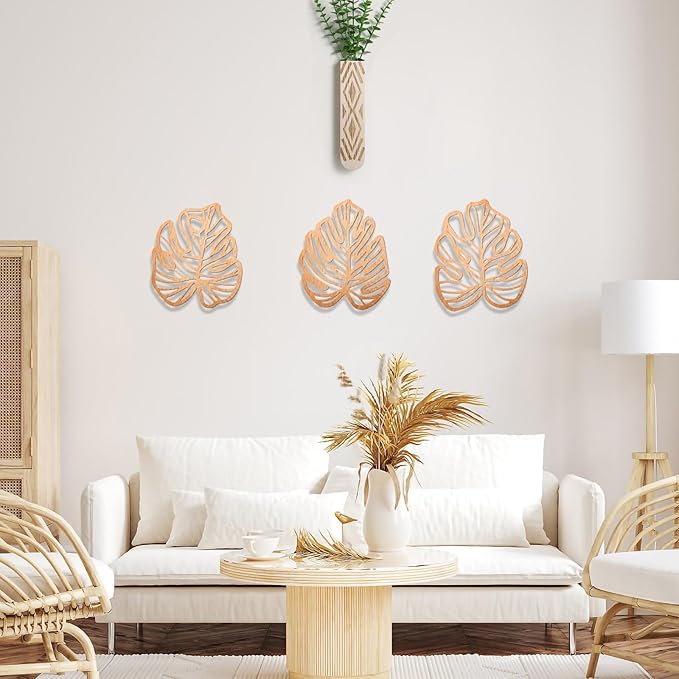Palm Leaves Wood Wall Decor , 3Pcs Tropical Wall Art Jungle Decor, Wooden Natural Leaves Plant Wall Decor, Vintage Tropical Plant Plaque for Home Living Room Kitchen Bedroom Bathroom & Garden, Light Brown
