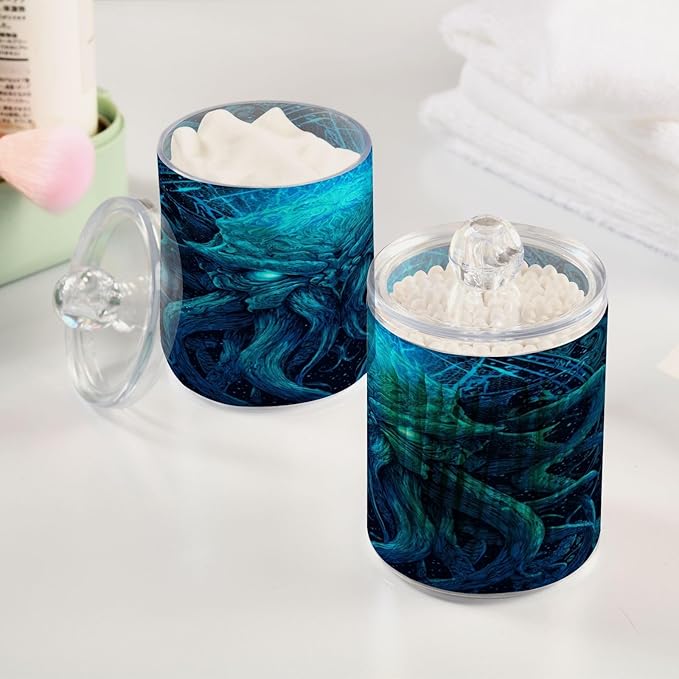 Monster Creature Print Bathroom Containers Holder with Lids Set Clear Jars 2 Pack Plastic Makeup Storage Organizer 4.13 x 2.75In for Vanity Floss Picks Balls