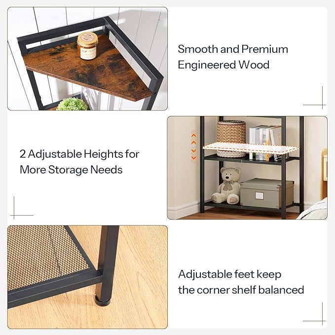 HOOBRO 5-Tier Corner Shelf Stand, Corner Shelf with LED Light, 56.3" Tall Corner Bookshelf, Display Rack Storage Organizer with Table, for Small Spaces, Living Room, Entryway, Rustic Brown BF69DCJ01