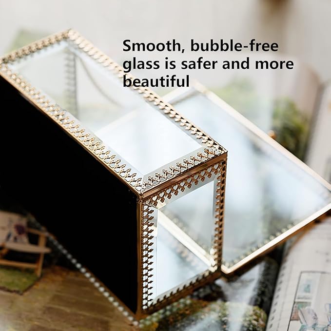 NAJMECHOY Glass Jewelry Box, Mirror Bottom with Crown Lid, Box for Makeup, Lipstick Ring Earrings, Storage Box, Gold Glass Box Ring, Bracelet Display Transparent Box (Rectangle)