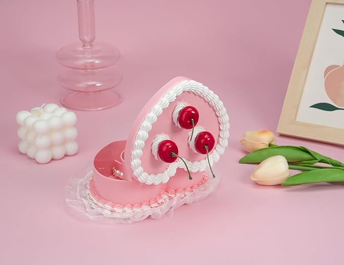 Stylor Coquette Room Decor Aesthetic, Heart Shaped Jewelry Box for Girls, Fake Cherry Pink Cake, Cute Kawaii Decorative Storage Accessories.
