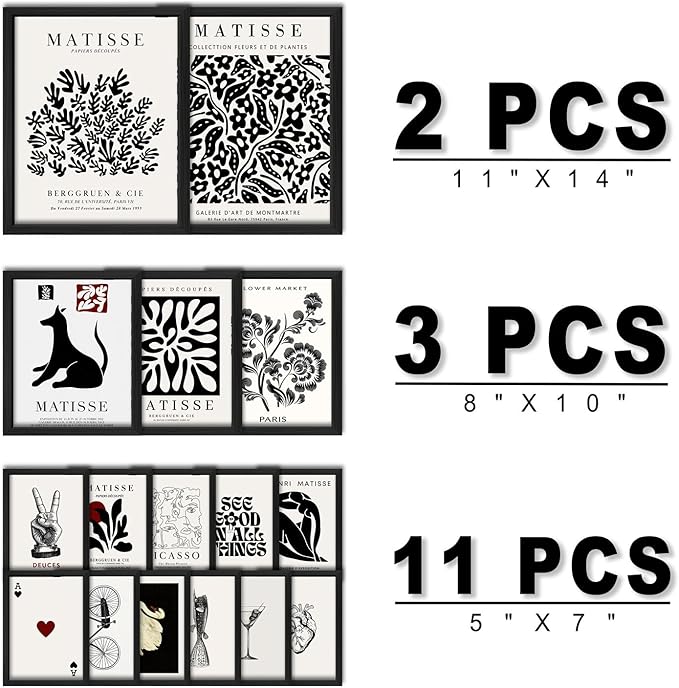ANERZA 16 PCS Framed Black and White Wall Art Decor, Matisse Abstract Wall Prints for Bedroom, Gallery Wall Frame Set, Minimalist Posters for Living Room Aesthetic, Collage Kit, Dorm Home Artwork