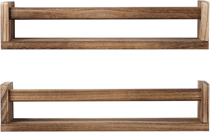 JORIKCHUO Nursery Book Shelves, Set of 2 Wood Floating Book Shelves for Kids Room, Kitchen Spice Rack, or Rustic Wall Mounted Shelves for Farmhouse Bathroom Décor (carbonized)