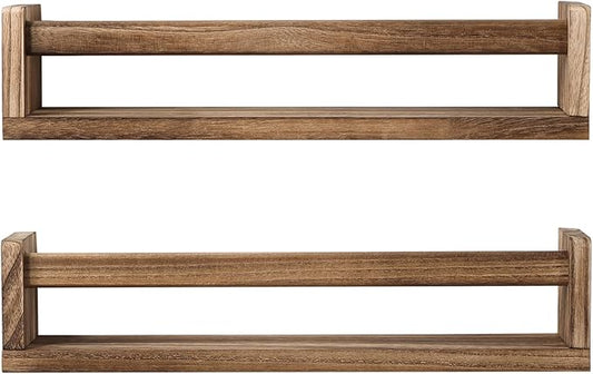 JORIKCHUO Nursery Book Shelves, Set of 2 Wood Floating Book Shelves for Kids Room, Kitchen Spice Rack, or Rustic Wall Mounted Shelves for Farmhouse Bathroom Décor (carbonized)