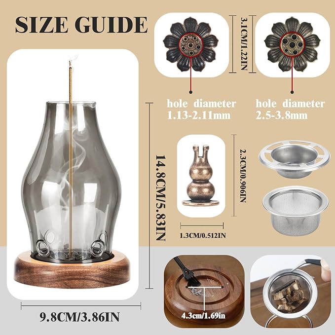 Glass Incense Holder for Sticks, Wooden Incense Stick Holder With Ash Catcher, Modern Insence-Stick Holder, Multi-Functional Anti-Ash Flying Incent Holder for Yoga Spa Meditation Home Zen Decor (Gray)