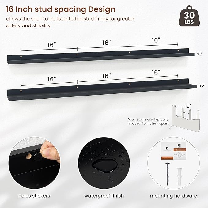 Axeman Picture Ledge Shelf | 55 Inch Black Floating Shelves Set of 4 | Rustic Wood Wall Shelves with Lip | 55" Black Picture Shelves for Wall with Ledge | Photo Shelves