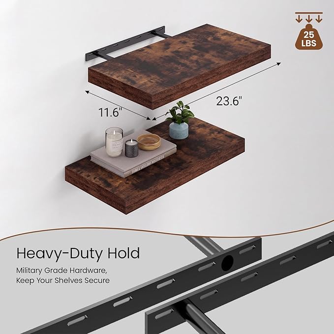 Heimlove 12" Deep Floating Shelves for Wall, 24 Inch Wall Mounted Shelf Set of 2 for Books Living Room Laundry Room Bedroom Kitchen Home Office, Rustic Brown