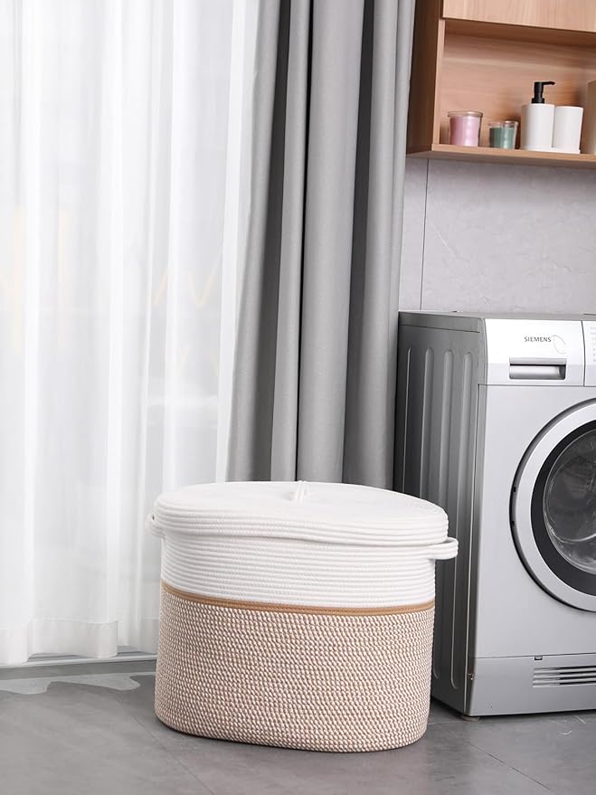 22"x14"x18" Rectangular Extra Large Storage Basket With Lid, Large Cotton Rope Storage Basket, Woven Laundry Hamper, Cloth Storage Bin, for Clothes Towels Blankets in Living Room, White/Camel Mix