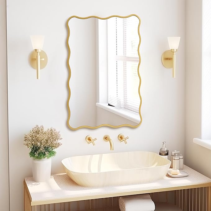 Gold Wavy Bathroom Mirror 20x30 Rectangle Scalloped Farmhous Mirror Modern Wood Farme Mirror Wall Decor for Bathroom Entryway Living Room Bedroom Hallway