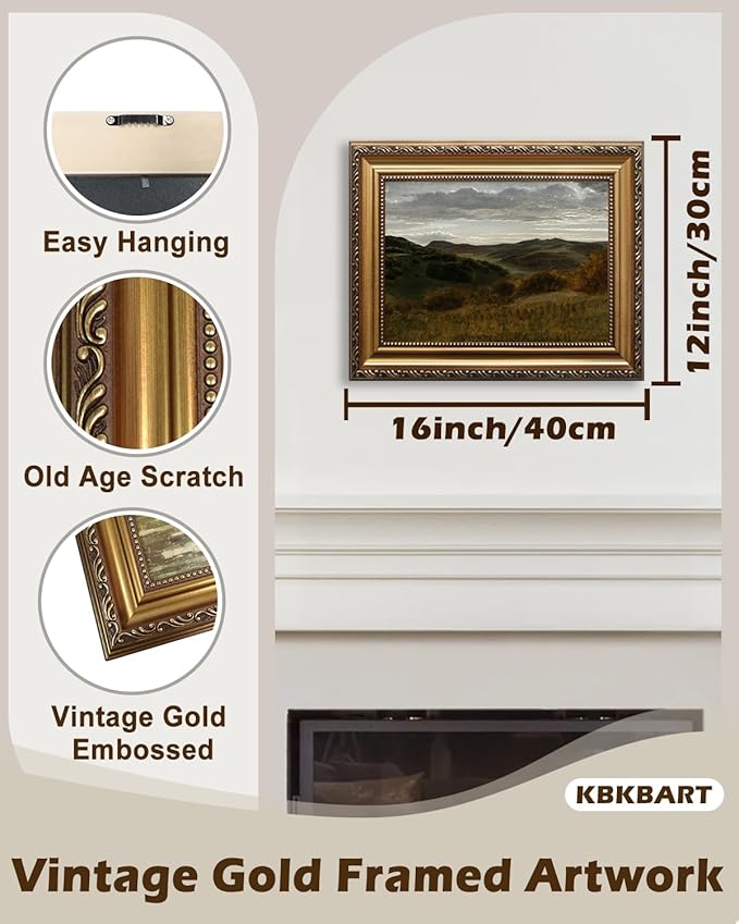 KBKBART Gold Framed Vintage Landscape Wall Art Home Decor, Retro Mountain Vintage Painting Prints, Moody Countryside Farmhouse Landscape Wall Decor, Canvas Wall Art for Living Room Decor Bedroom Home Bathroom Wall Decor-12"x16"