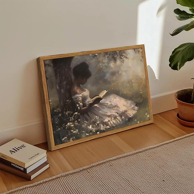 Framed Vintage Wall Art, Moody Black Girl Reading Book Pictures Wall Decor, Victorian Woman African American Paintings Canvas Prints Aesthetic Artwork for Home Living Room Bedroom 16x24 inch