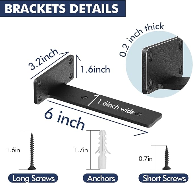 Starunder 4 Pack Floating Shelf Brackets, 6 Inch Heavy Duty Industrial Shelf Bracket, Black Metal L Brackets for Shelves Support DIY(1/5 Inch Thicked)