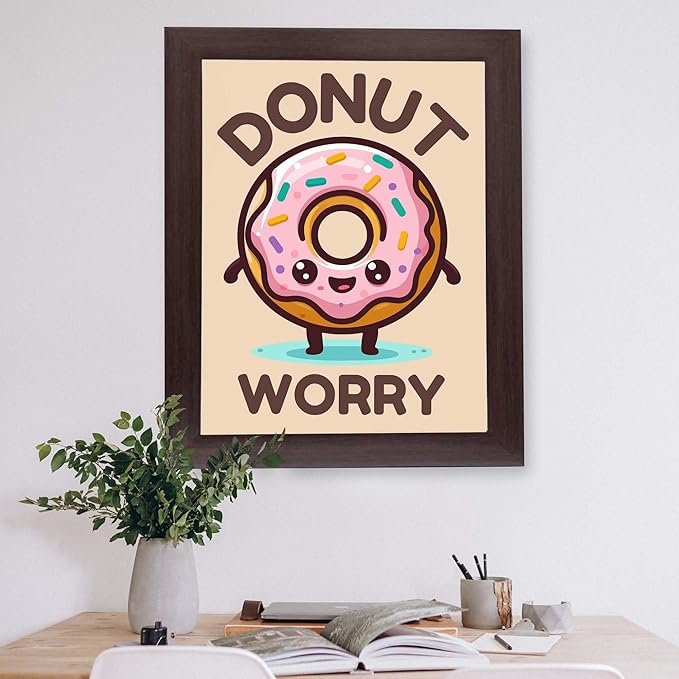 InkFlow Posters Donut Worry Poster - Smiling Donut Illustration - Playful Kawaii Food Art - Kids Bedroom Playroom Kitchen Decor - Cheerful Cartoon Wall Print - 11x14 Unframed Canvas Print
