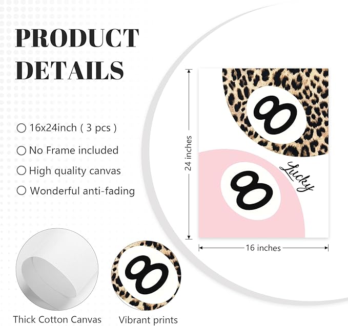 Lhoiplme Cheetah Trendy Wall Art Preppy Leopard Canvas Print Cheetah Room Wall Decor 8 Ball Poster Y2k Pink Coquette Luxury Print Lucky Aesthetic Fashion Pictures for Bedroom 16x24x3 Inch Unframed