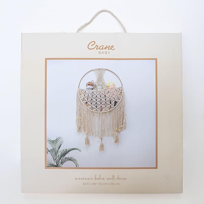 Crane Baby Charlie Farmhouse Macramé Boho Toy Bin with Tassels, Hanging Basket Nursery Decor, Stuffed Animal Storage, Wall Organizer for Playroom, Boho Baby Room Decor& Kids Room Organization