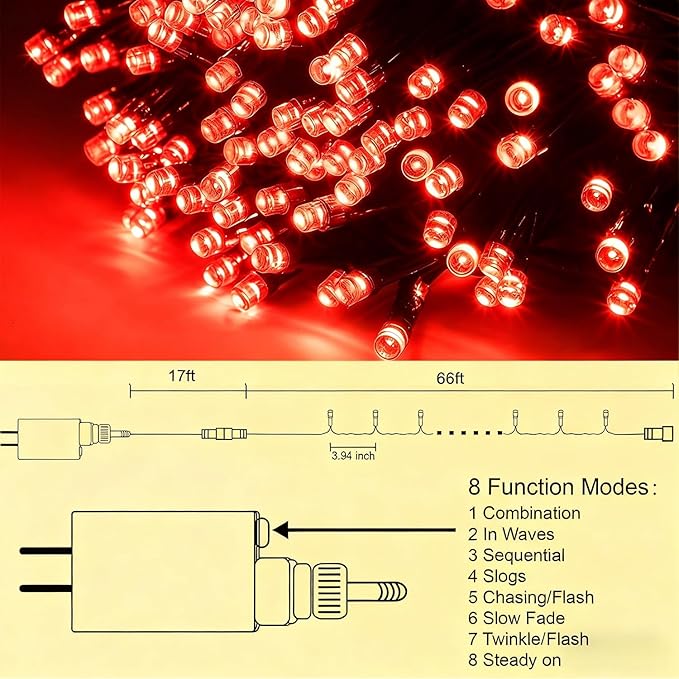 HOME LIGHTING 66ft Valentines Decorative Mini Lights, 200 LED Green Wire Christmas Fairy String Lights Plug in, 8 Lighting Modes, Waterproof for Indoor Outdoor Tree Wedding Party Decoration (Red)