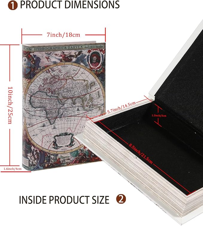 Decorative Wooden Book Box - Vintage Faux Book Boxes for Home Decor, Secret Storage with Magnetic Closure, Antique Style, Map Leather Cover Design, Perfect for Home Office Bookshelf, 10x7x1.6 Inches