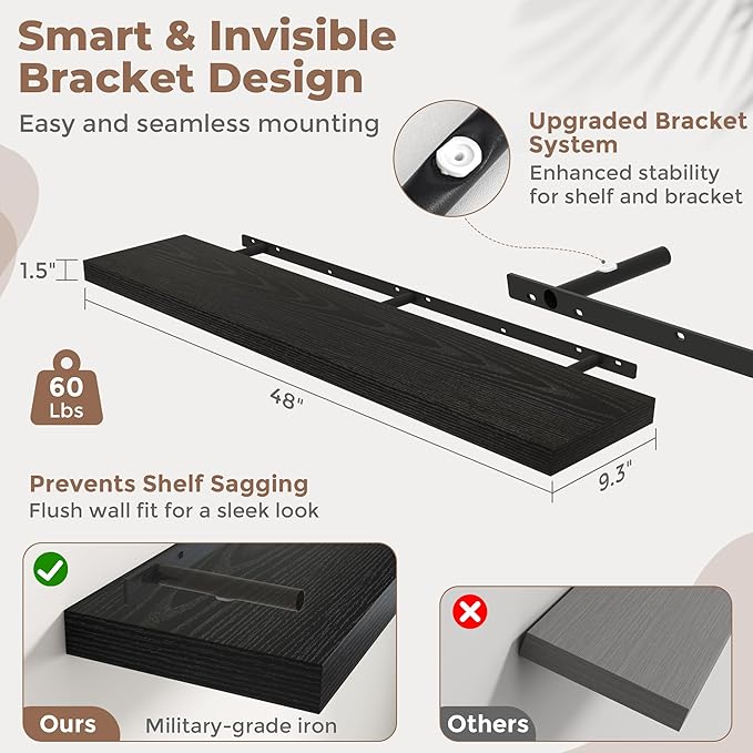 48 Inch Floating Shelves for Wall with Invisible Brackets Set of 2, 9"D Engineered Wood Wall Shelves with Wood Grain for Living Room, Bedroom, Bathroom, Kitchen Decor and Storage, Black Finish
