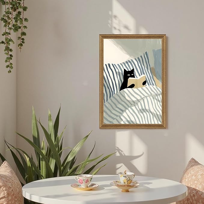 Fantasy Artists Reading Black Cat on Bed Wood Framed Wall Art, Easy to Hang Fade Resistant Art Prints, Perfect for Bedroom Living Room Bathroom Home Office Wall Decor, 16x24 Inches