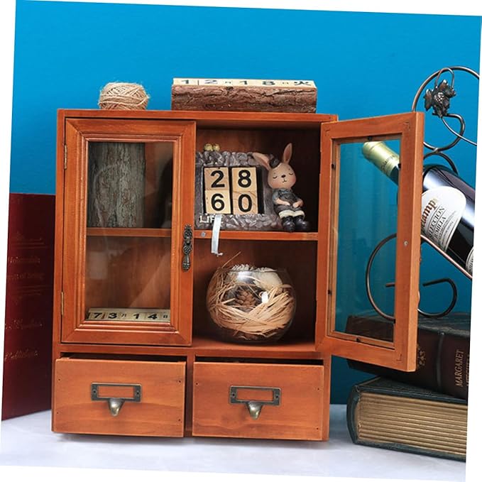 Ipetboom Storage Cabinet for Makeup and Sundries Wooden Dressing Table Organizer with Drawer Design Capacity Sundries Holder for Bedroom and Bathroom Use Retro Style