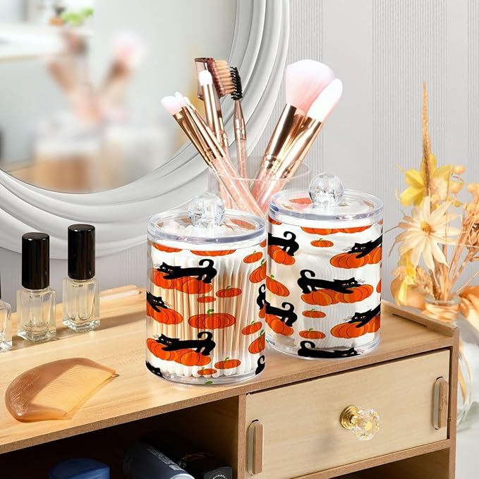 Nander 2Pack Halloween Pumpkin and Black Cat Qtip Holder Dispenser -Clear Plastic Apothecary Jars Set - Restroom Bathroom Makeup Organizers Containers for Cotton Swab, Ball, Pads, Floss