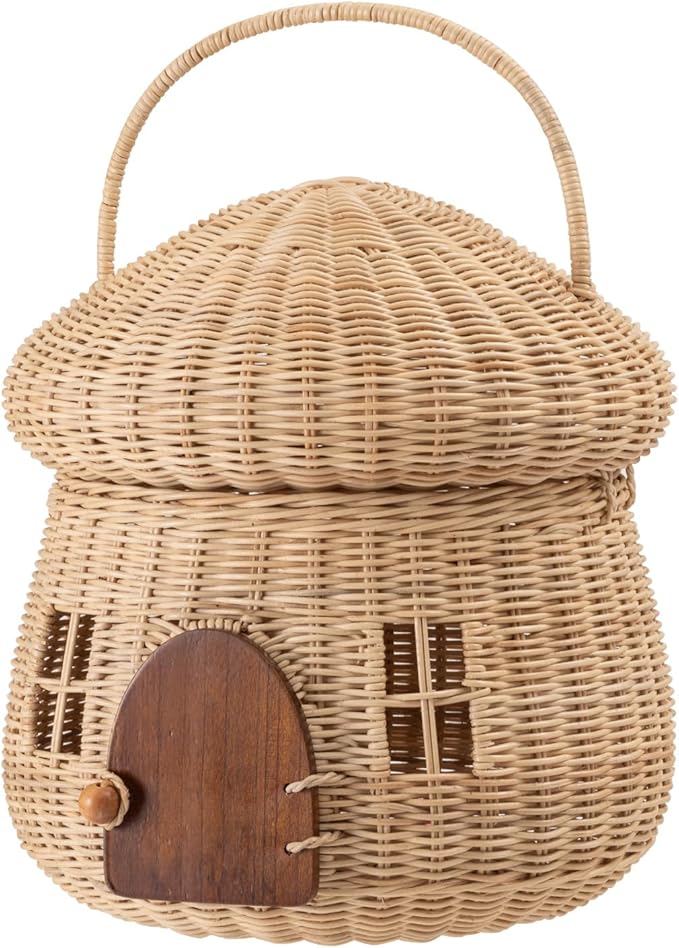 Mushroom Shaped Storage Basket, Extra Large Size, Natural, Rattan and Mindy Wood Door, D14"xW14"xH15" (36x36x38cm), Indirect Lighting Box, BLY-21NA