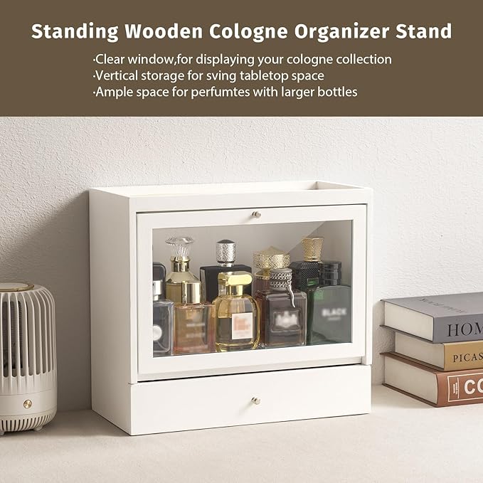 Emfogo Cologne Organizers Stand for Men, Solid Wood Perfumes Organizers Stand for Men Dresser, Large Capacity Dustproof Cologne Holder with Drawer Storage Perfume Stand, Ideal Gift for Loved ones