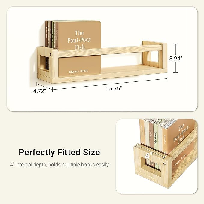 TidyCorner Upgraded Thick Floating Shelves - Multi-Use Wall-Mounted Bookshelves for Kids and Nursery, Ideal for Books, Toys, Spice Rack, Decor - NaturalWood