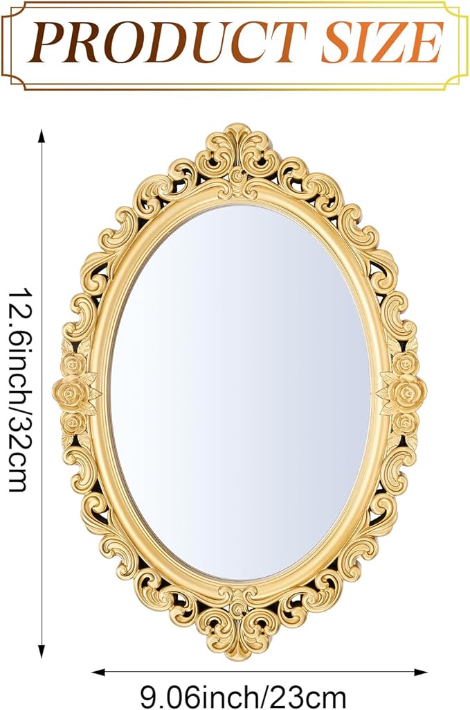 Beeveer 1 Style Vintage Mirrors Set Decorative Oval Wall Mirror Small Antique Mirrored Tray Decorative Hanging Mirror for Bathroom Bedroom Jewelry Organizer Victorian Decor (Oval,Gold)