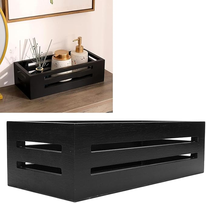 Asixxsix Wooden Storage Basket, 13 X 5.9 X 3.9in Multifunctional Storage Box, Space Saving, Decorative Farmhouse Wooden Crate for Bathroom Bedroom Pantry Toilet Paper (Black)