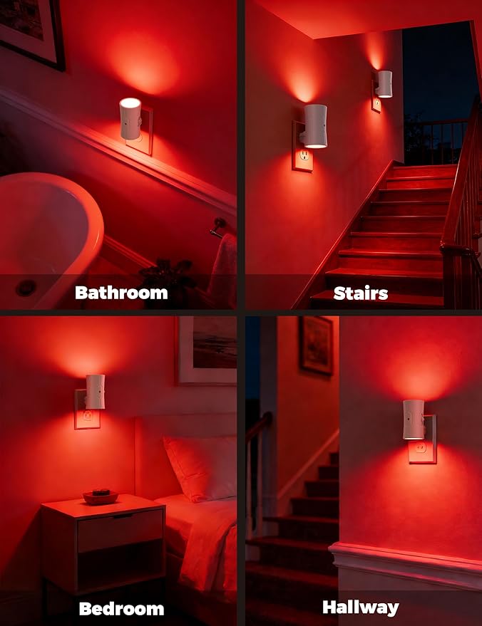 fesnne Night Light, Night Lights Plug into Wall [2 Pack], 0-100LM Adjustable Brightness Light Sensor Nightlights Plug in Wall for Hallway, Bathroom, Adults, Red Led Nightlight