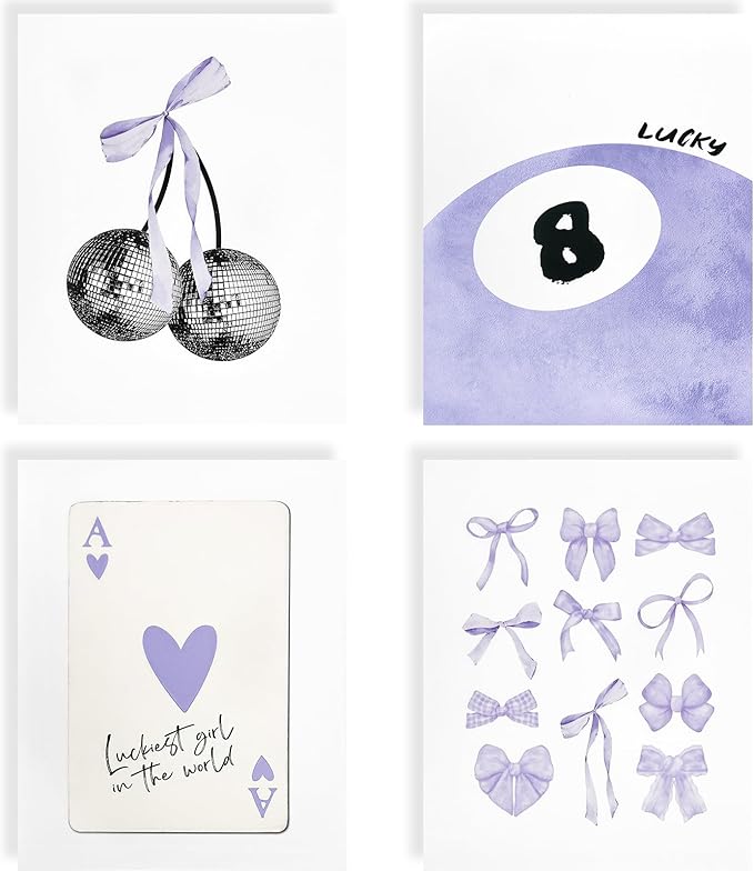 bakbrand Wall Art Minimalist Aesthetic Wall Decor Coquette Modern Canvas Decor Posters Trendy Preppy Bow Picture Print Painting for Bedroom/Living Room, Set of 4 Pcs Unframed (AC1, Purple, 8W x 10L)