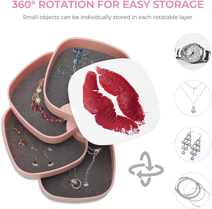 Red Lipstick Kiss Mark Makeup Texture Jewelry Boxes for Women, Earring Holder Organizer Rotating Jewelry Organizer for Necklaces Bracelets Ring