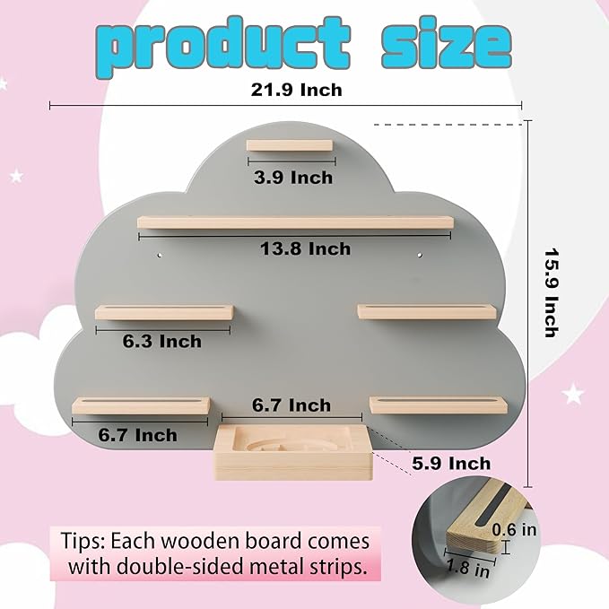 Cloud Tonies Shelf for Toniebox Storage - Unique Floating Magnetic Wall Shelves for 20-30 Tonie Figures, Beech Wood Display Tonie Shelf for Children Kids (Grey)