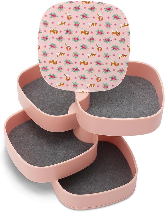 Ring Necklace Earring Organizer Holder Cavalier King Charles Spaniel Pink Floral Dog 4-Layers Rotatable Jewelry Organizer Storage Box with Mirror