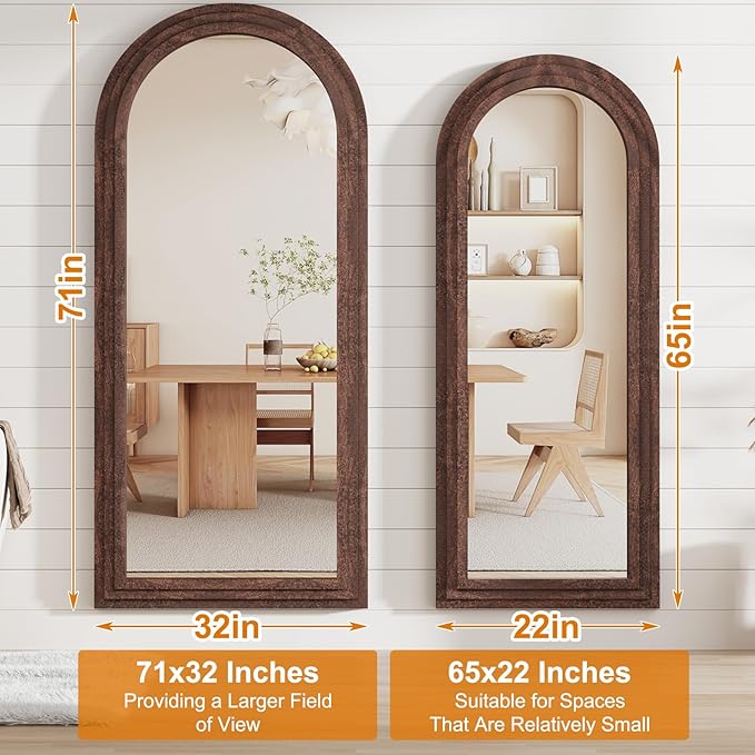 ZHUNFA External Three-Layer Arched Full Length Mirror with Solid Wood Frame,65x22 Modern Farmhouse Decor Standing Mirror Full Length,Wall Mounted,Leaning,Standing for Bedroom,Living Room,Brown.