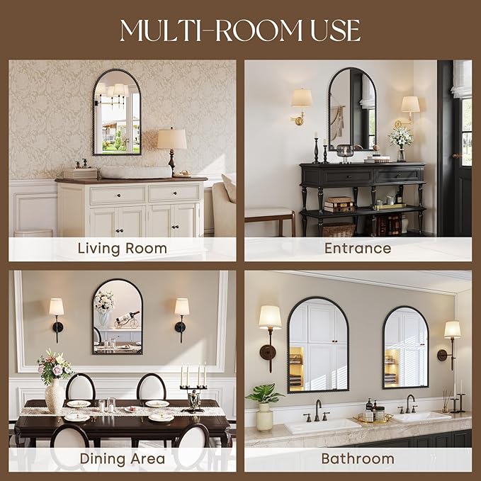 Beaded Arch Wall Mirror Large - Arched Mirror Wall Decor 36"X24" with Metal Frame, Ideal for Entryway, Fireplace, Living Room, Hallway, Bathroom, Black
