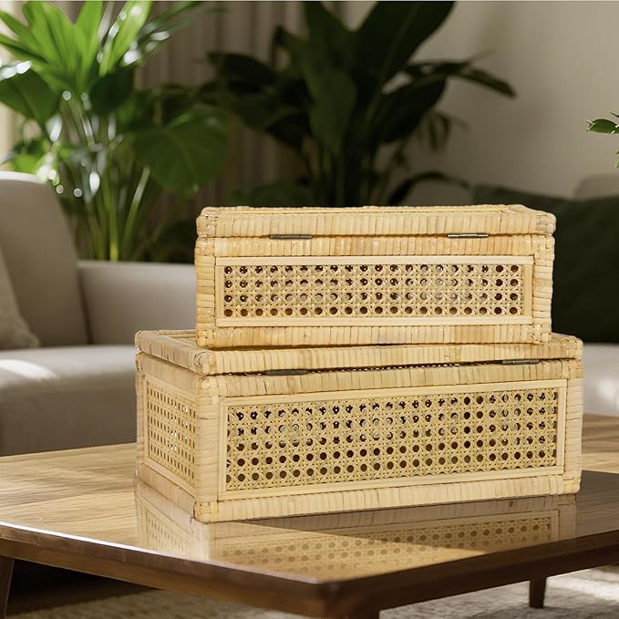 Boho Rattan Display Boxes with Rattan Lids, 3 Pcs Large Natural Handwoven Cane Basket, Home Decor Organizers Storage Bins, Natural Finish Display Boxes