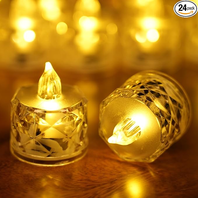 SupBri 24 Pack Flameless Tea Lights Battery Operated, Crystal LED Tealight, Votive Fake Candles for Valentines Wedding Decorations