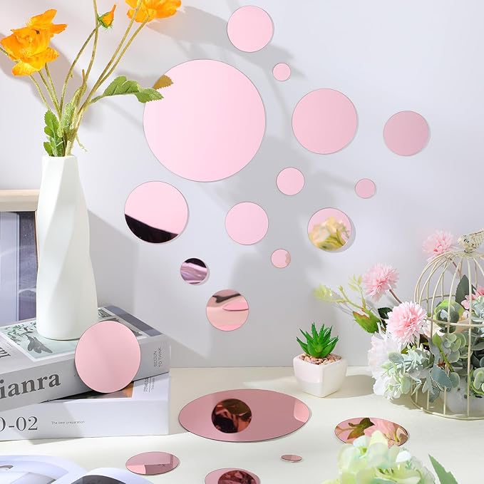 Shappy 32 Pcs Acrylic Mirror Wall Stickers Removable Round Wall Decal Circle Mirror Tiles for Home Bathroom Living Room Bedroom TV Background Decor (Pink,Small Size)