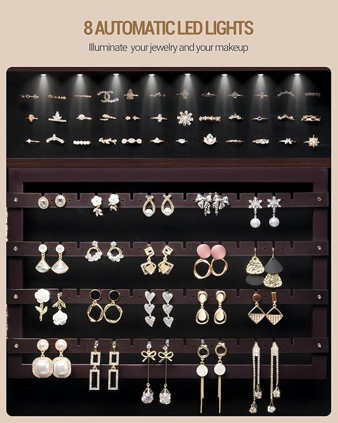 Hzuaneri 8 LEDs Jewelry Cabinet Armoire, 66.9-inch Jewelry Organizer with Garment Rack, Lockable Full-length Mirror with 4 Wheels, Storage Shelves with Hooks, 5-in-1, Brown JC17019B